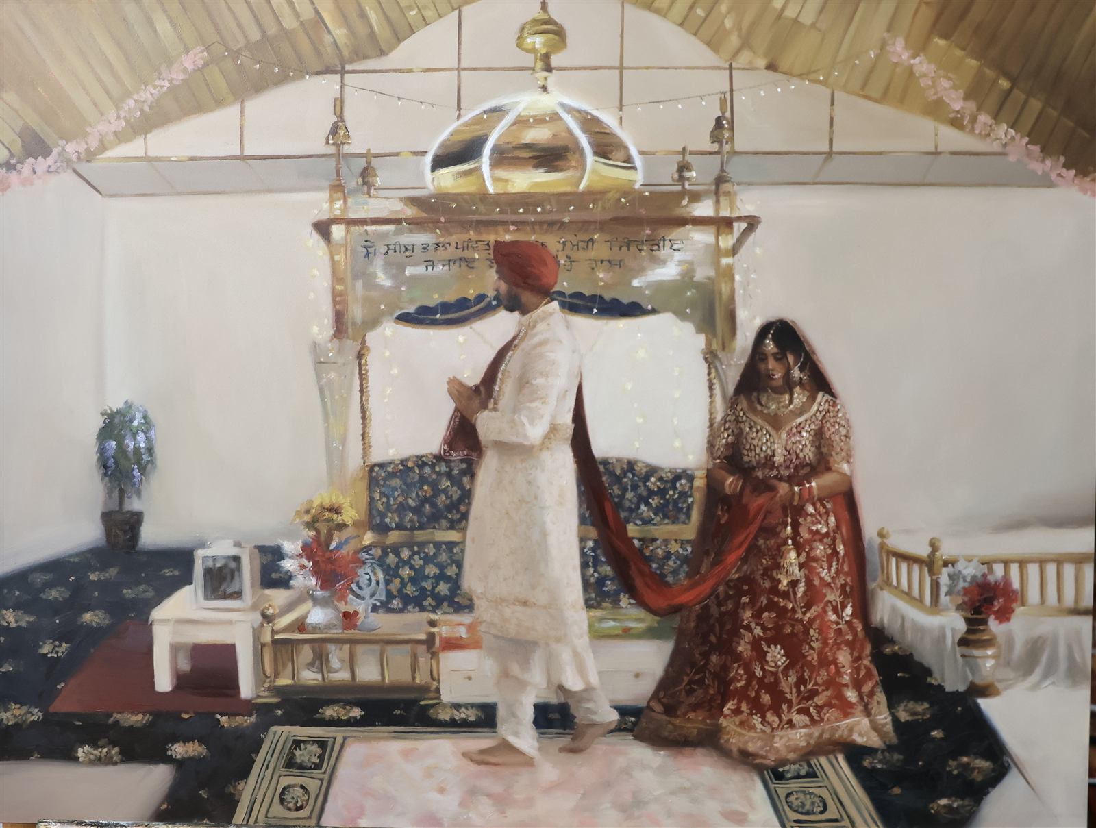 Oil painting of a Sikh wedding ceremony, the couple in red and gold beneath the golden canopy of the gurdwara
